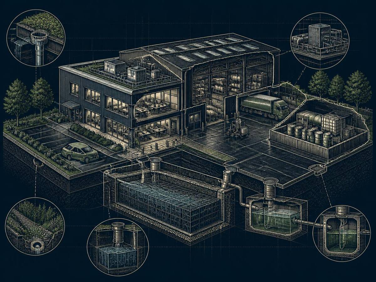 Cutaway illustration of a commercial and industrial unit showing rooftop plant, a bunded chemical store, an oil interceptor and an underground attenuation tank.