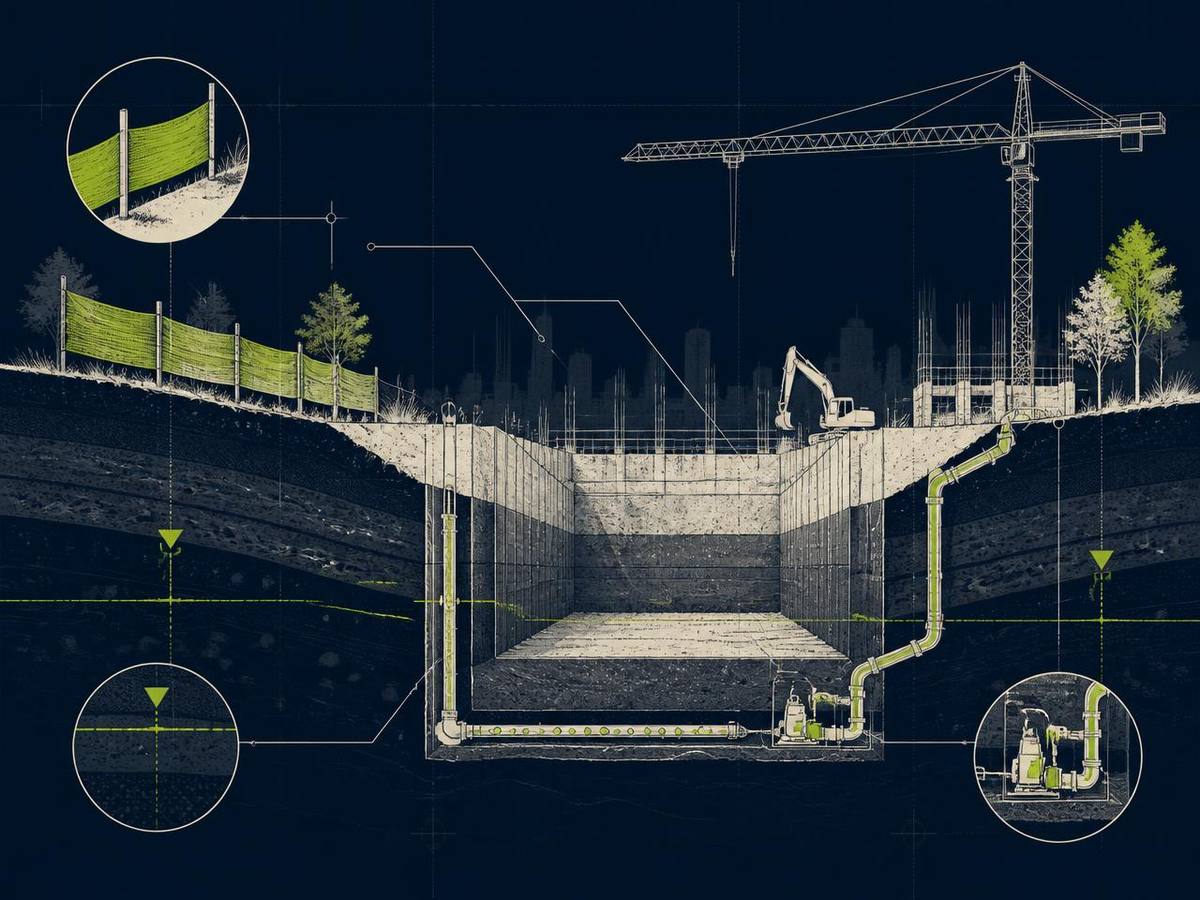 Cross-section illustration of a construction excavation showing dewatering wells, discharge pipework, silt fencing and the groundwater table.