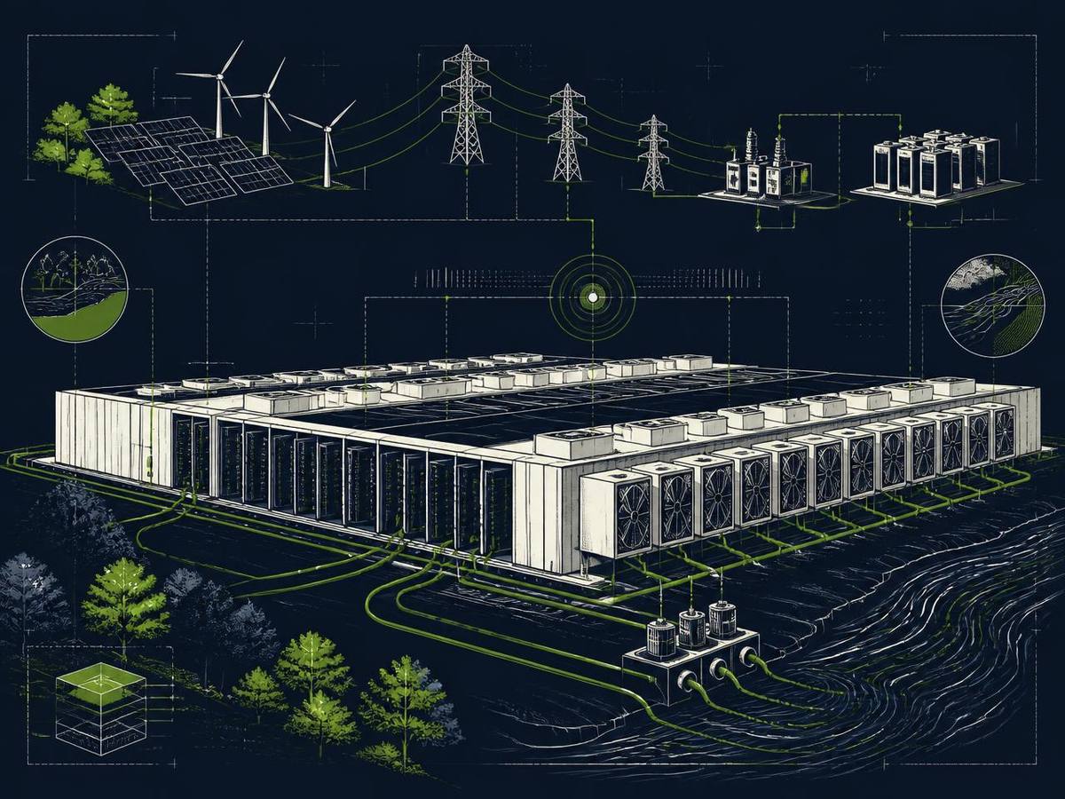 Cutaway technical illustration of a data centre campus showing cooling plant, backup generators, bunded fuel storage and surface water drainage.