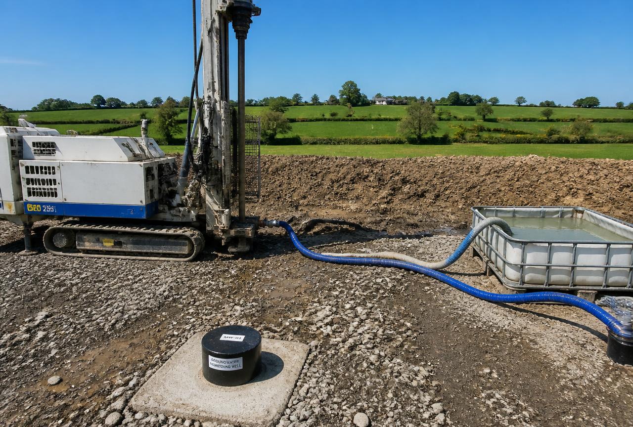Track-mounted drilling rig beside a groundwater monitoring well and dewatering hoses feeding a settlement tank.