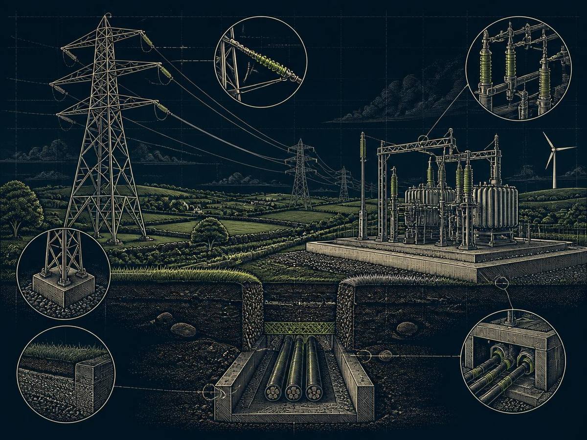 Illustration of electricity transmission infrastructure with a lattice pylon, overhead lines, a substation on a bunded plinth and a buried cable trench in section.