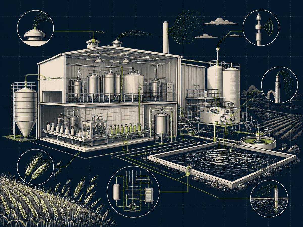 Cutaway technical illustration of a food and drink production plant showing process water use, effluent treatment and discharge monitoring.