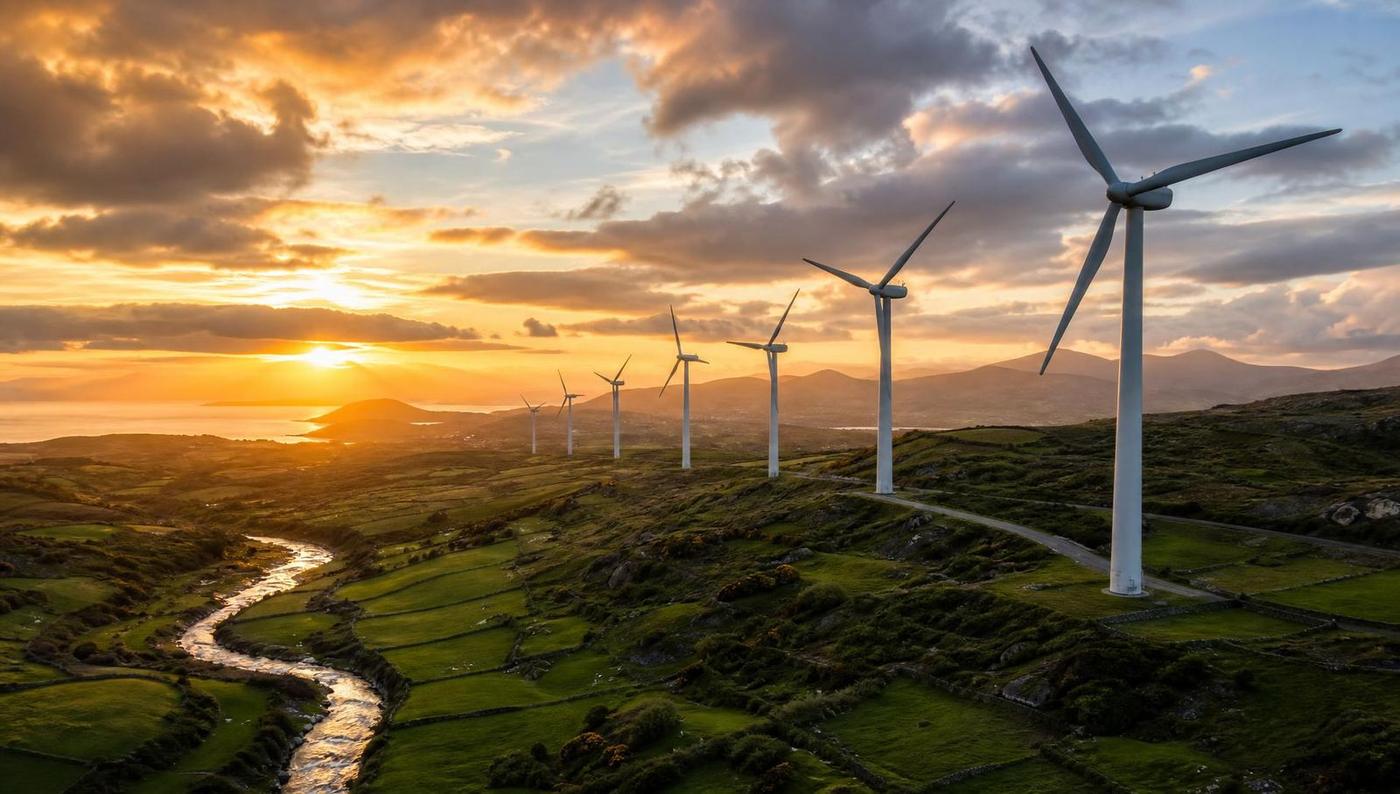 Aerial view of Irish landscape at golden hour with wind turbines on the ridge