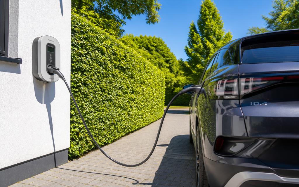 Wall-mounted home EV charger with the cable connected to an electric car on a driveway.