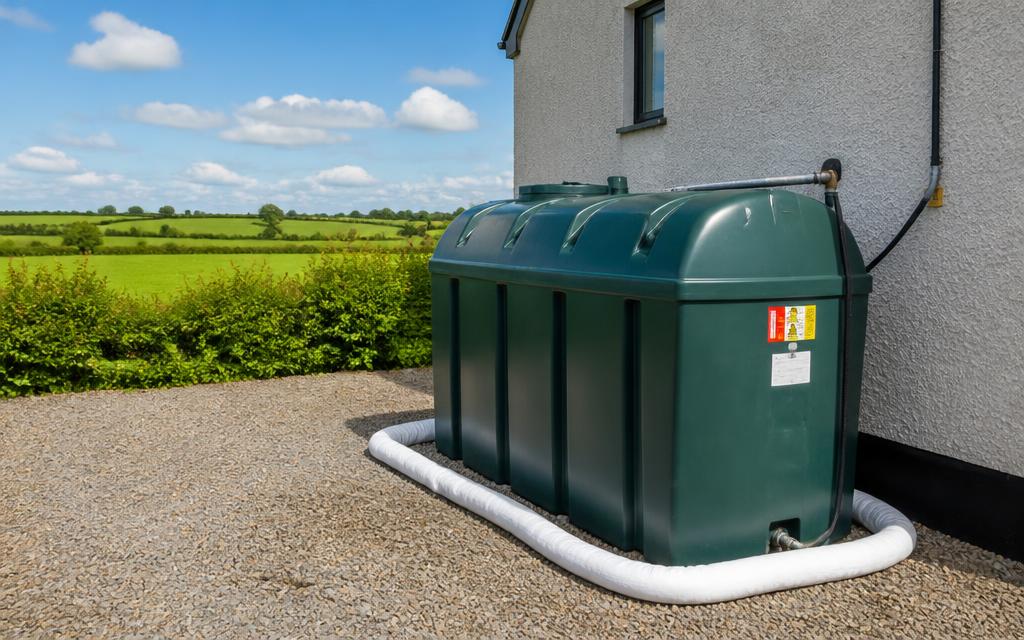 Domestic heating oil tank in a garden with an oil stain on the gravel beneath it and absorbent booms placed around the base.