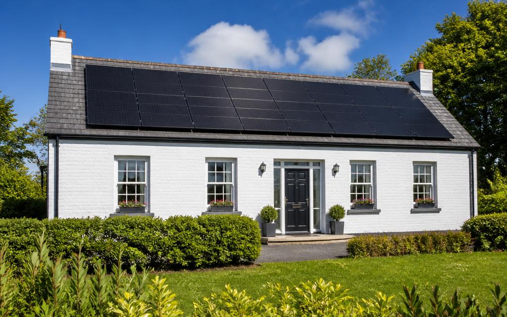 Solar PV panels fitted to the slate roof of an Irish detached house.