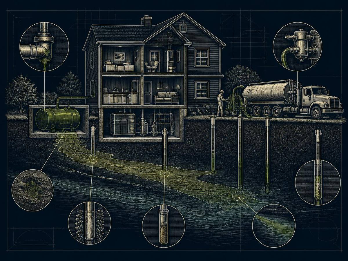 Cross-section illustration of a domestic oil spill investigation showing a leaking garden heating-oil tank, the plume beneath the house, sampling boreholes and a recovery tanker.