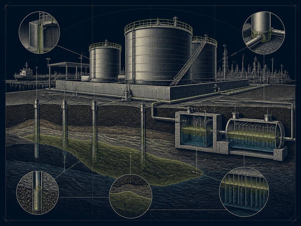 Cross-section illustration of a fuel terminal with bunded storage tanks above a soil profile showing a hydrocarbon plume, monitoring wells and an oil-water separator.