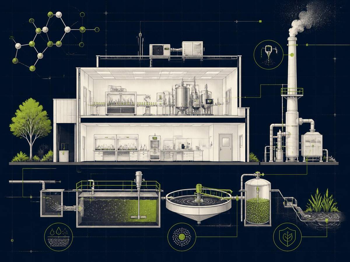 Cutaway technical illustration of a pharmaceutical manufacturing facility showing process services, effluent treatment and environmental monitoring points.