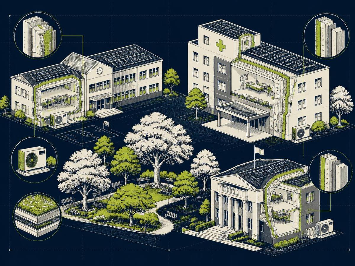 Cutaway illustration of public sector buildings — a school, hospital and civic building — showing rooftop solar PV arrays, heat pumps, green roofs and retrofit insulation build-ups.