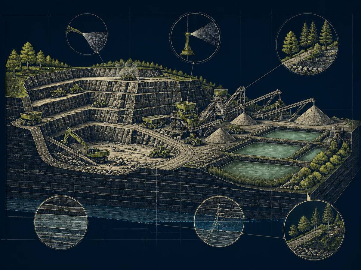 Cross-section illustration of a rock quarry showing stepped benches in bedrock, crushing and conveyor plant, settlement lagoons and the groundwater table below the quarry floor.