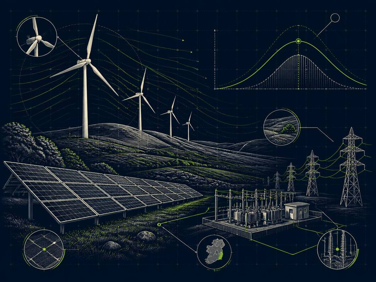 Technical illustration of a renewable energy site showing wind turbines, solar arrays, cable routes and peat and soil layers beneath.