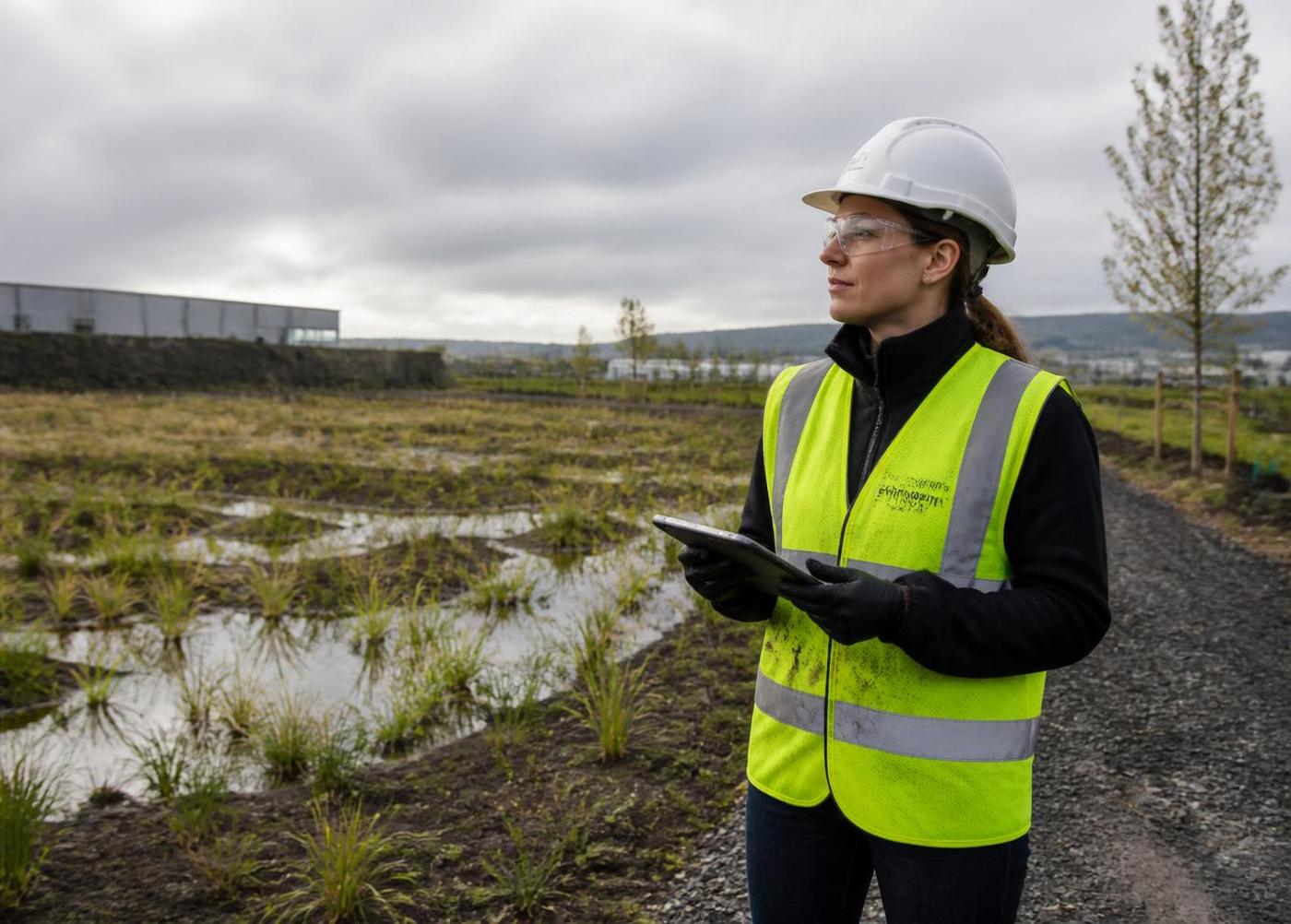 Environmental scientist taking field samples in an open green Irish landscape
