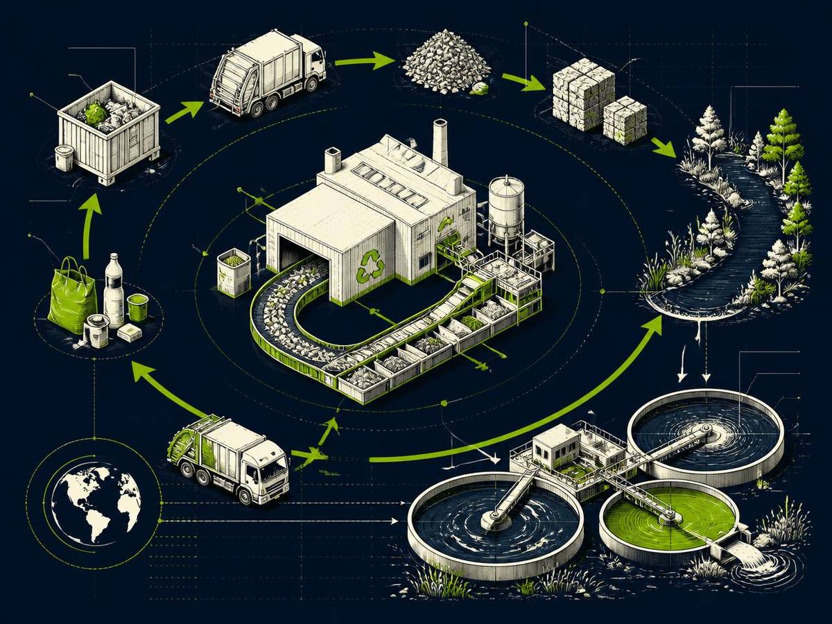Technical illustration of a waste transfer and recycling facility showing sorting lines, leachate control and containment layers.