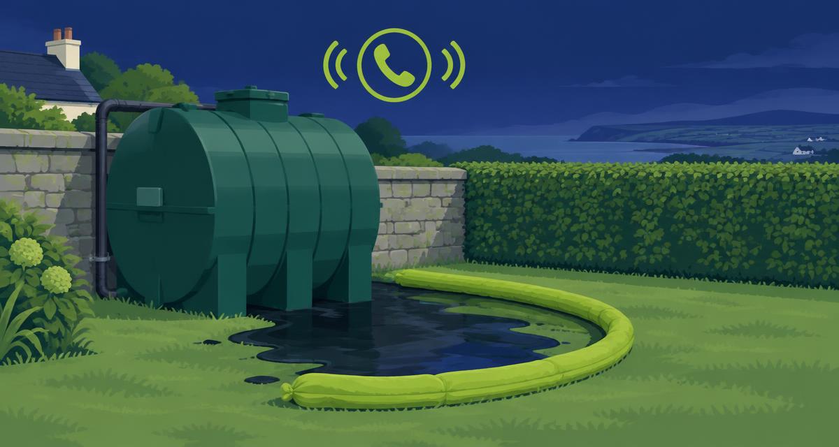 Illustration of a green domestic heating oil tank in an Irish garden with a dark oil sheen contained by a lime absorbent barrier beneath a ringing phone icon
