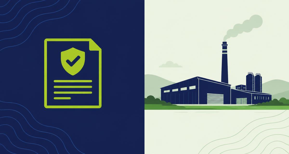 Illustration of an Irish industrial facility beside a licence document with a checkmark shield, in Verdé navy and lime