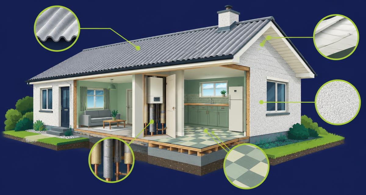 Cutaway illustration of an Irish bungalow with lime markers on materials that can contain asbestos: corrugated roof sheets, soffits, textured coating, pipe lagging and vinyl floor tiles